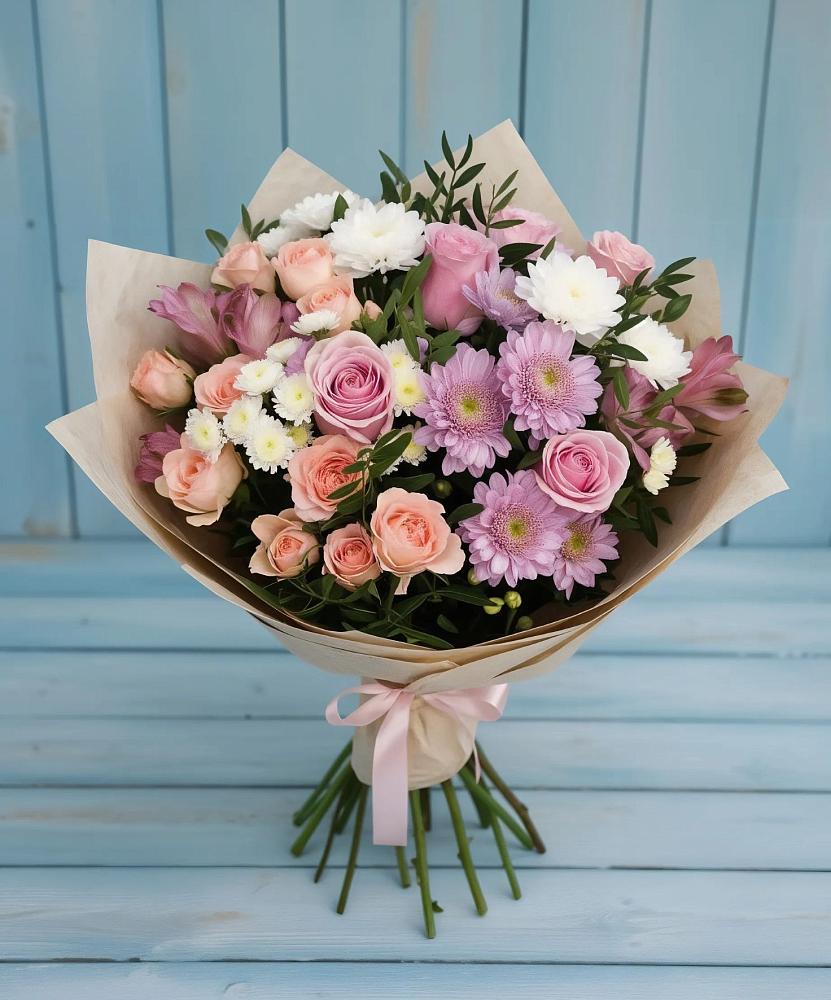 Букет цветов из: Хризантемы, Розы и Альстромерии в Теткино