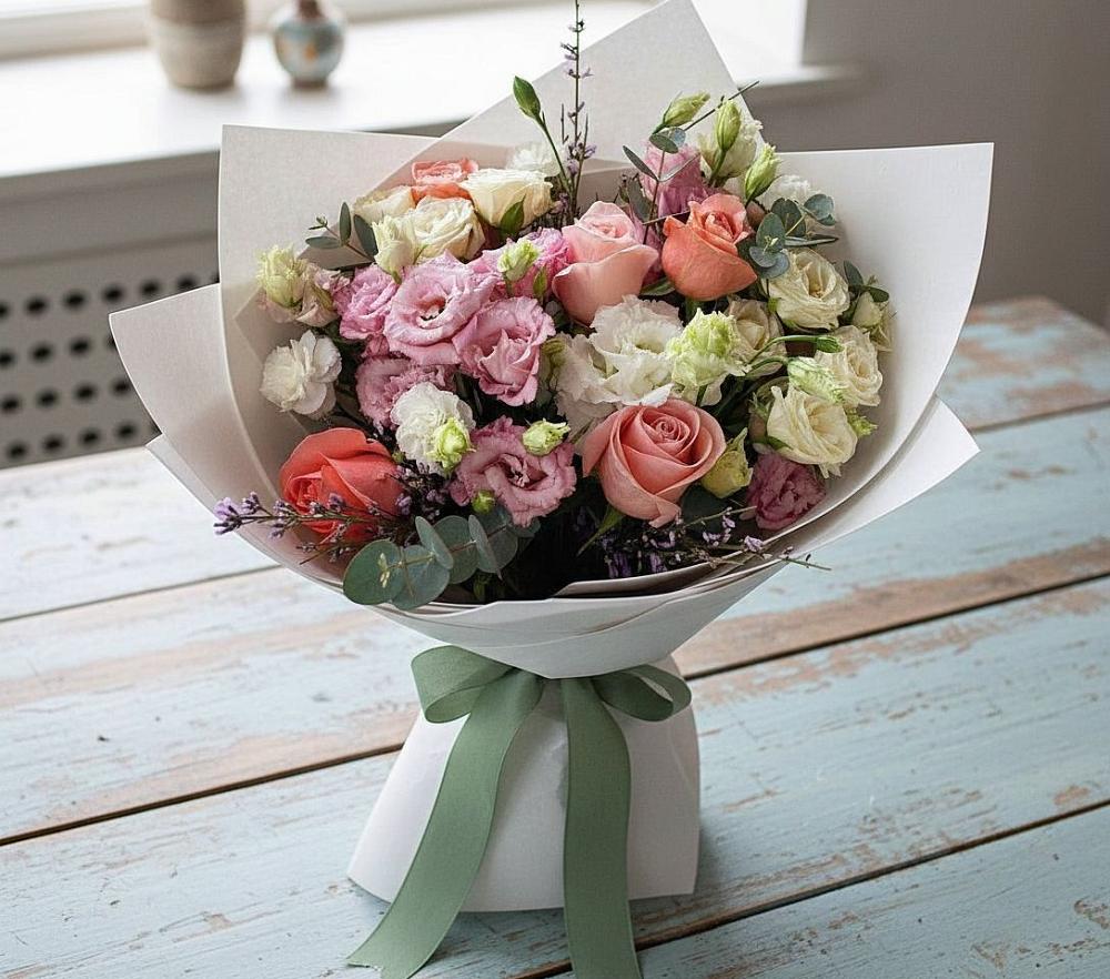 Букет цветов из: Розы, Лизиантусы и Гвоздики в Теткино