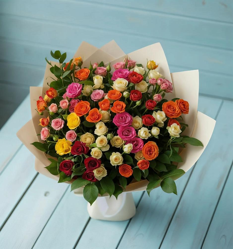 Букет Микс из разноцветных кустовых роз в Теткино