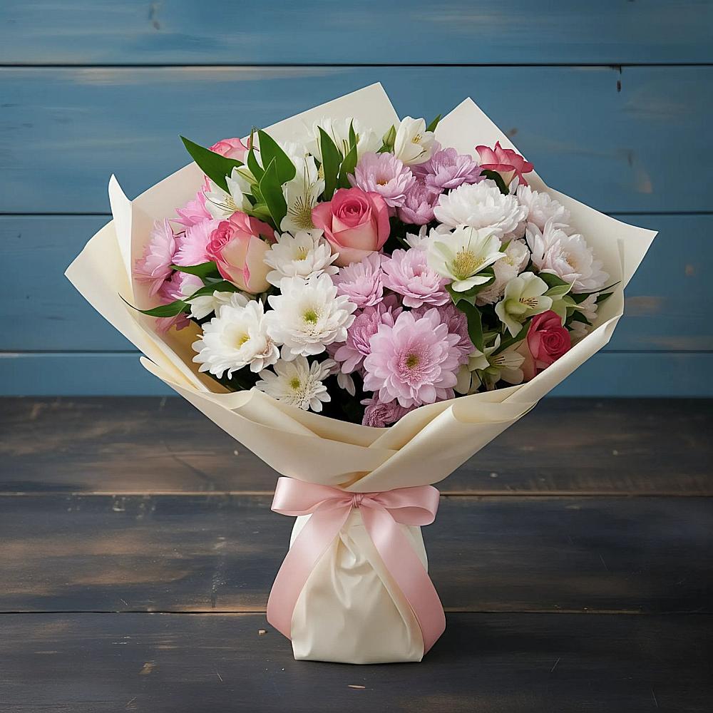 Букет цветов из: Хризантемы, Альстромерии и Розы в Теткино